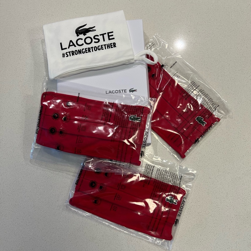 LACOSTE 3-Piece Cotton RED Facemask + Drawstring Pouch (Unisex)